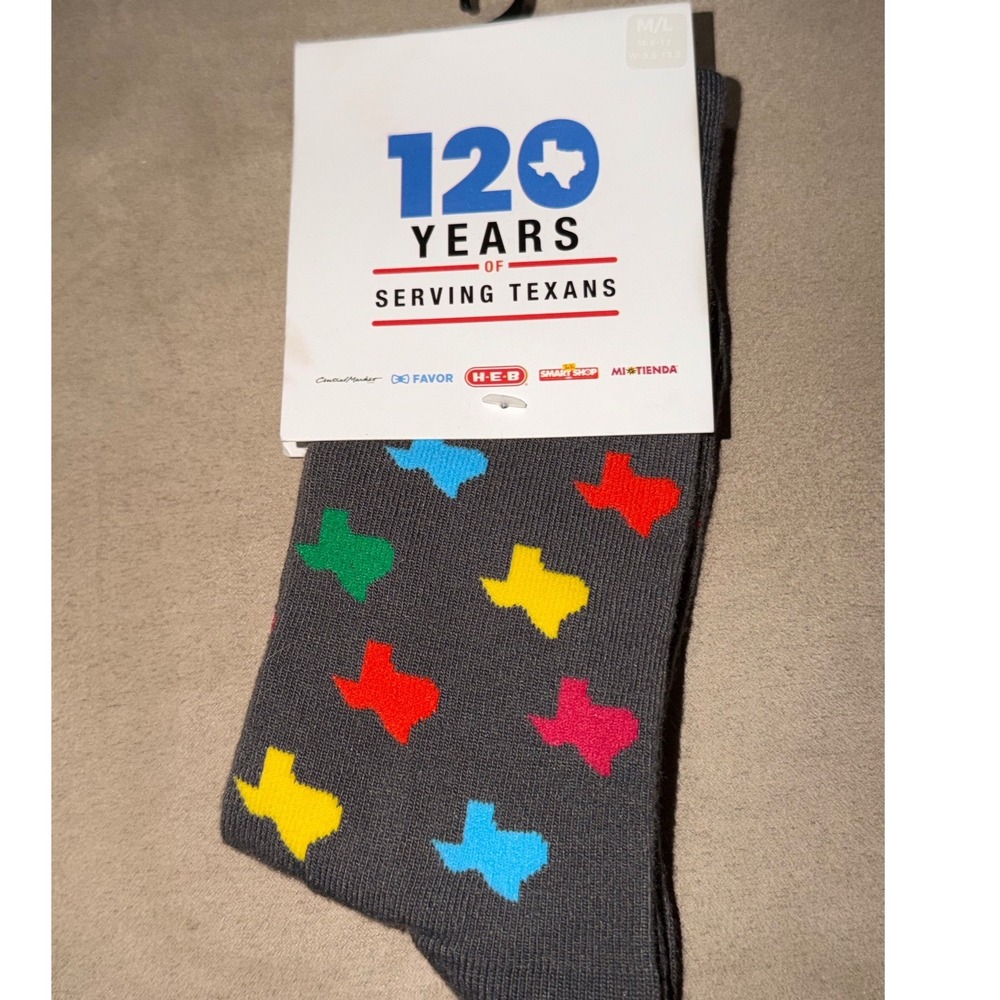 HEB 120 Years of Serving Texans Socks Gray Multi Color Texas State Print New M/L